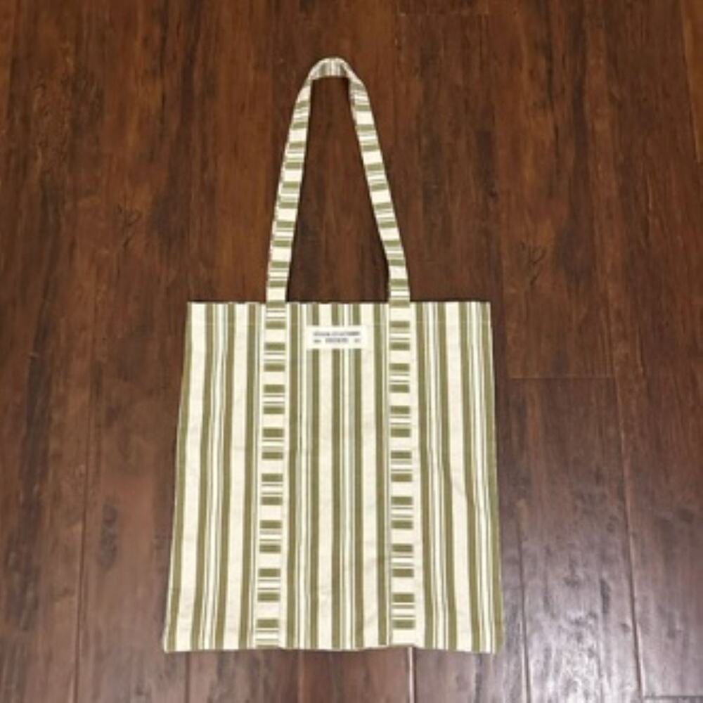 SEZANE Octobre Editions Tote Bag Olive Green Cream Striped Canvas Cotton Shopper